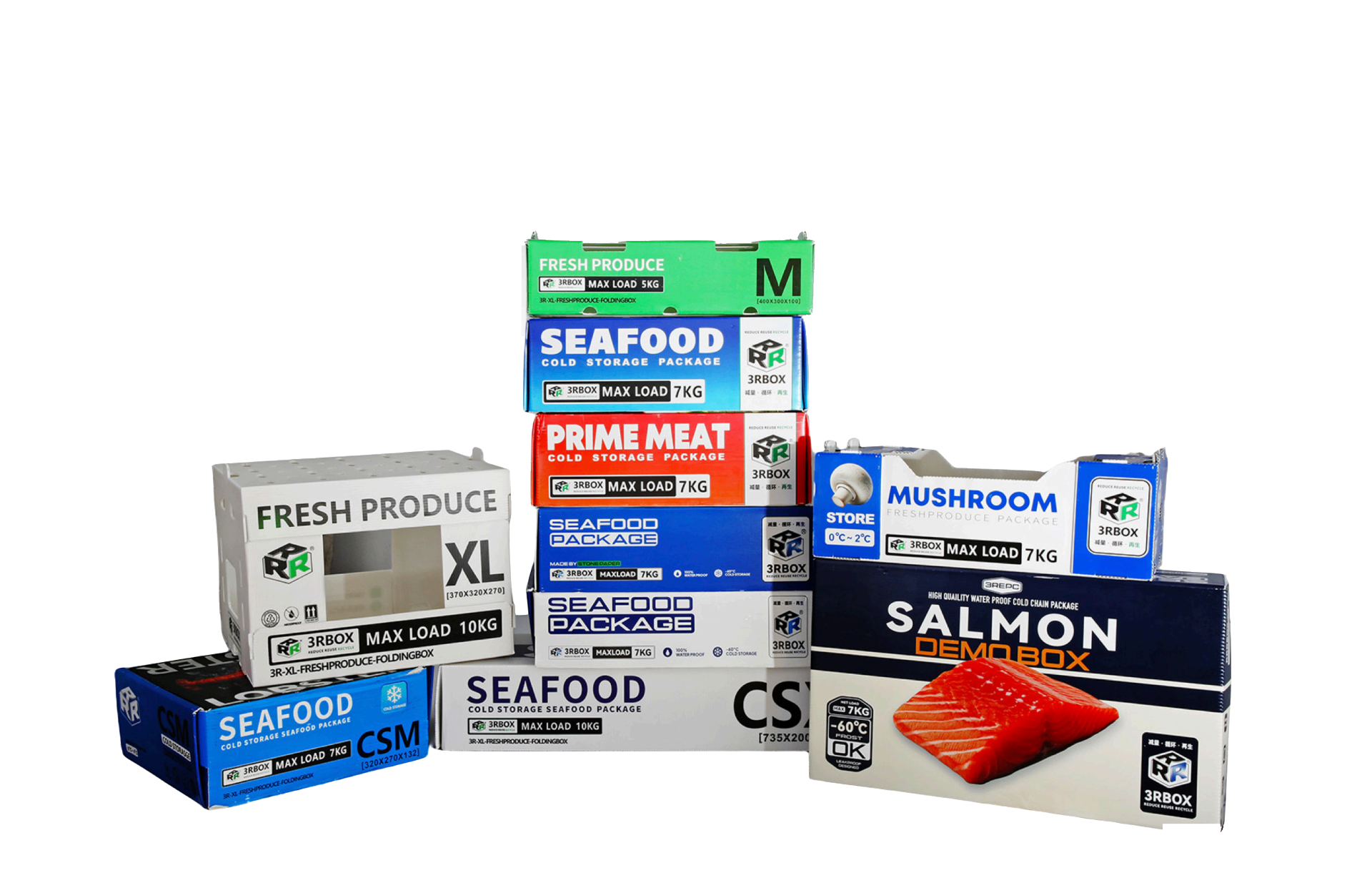 3RBOX waterproof stone paper corrugated boxes for seafood, fresh produce, meat and mushrooms