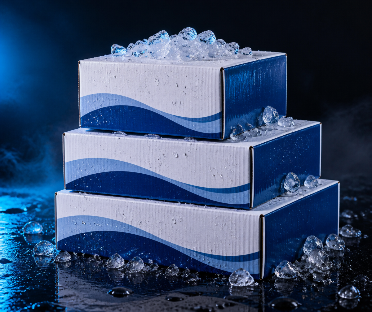 Waterproof stone paper corrugated boxes stacked with crushed ice and water